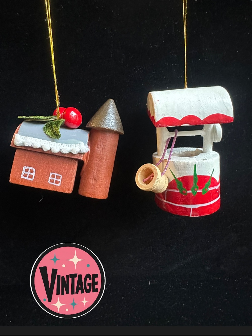 Vintage 70s–80s Wooden Handmade Folk Art Farm & Wishing Well Christmas Ornaments